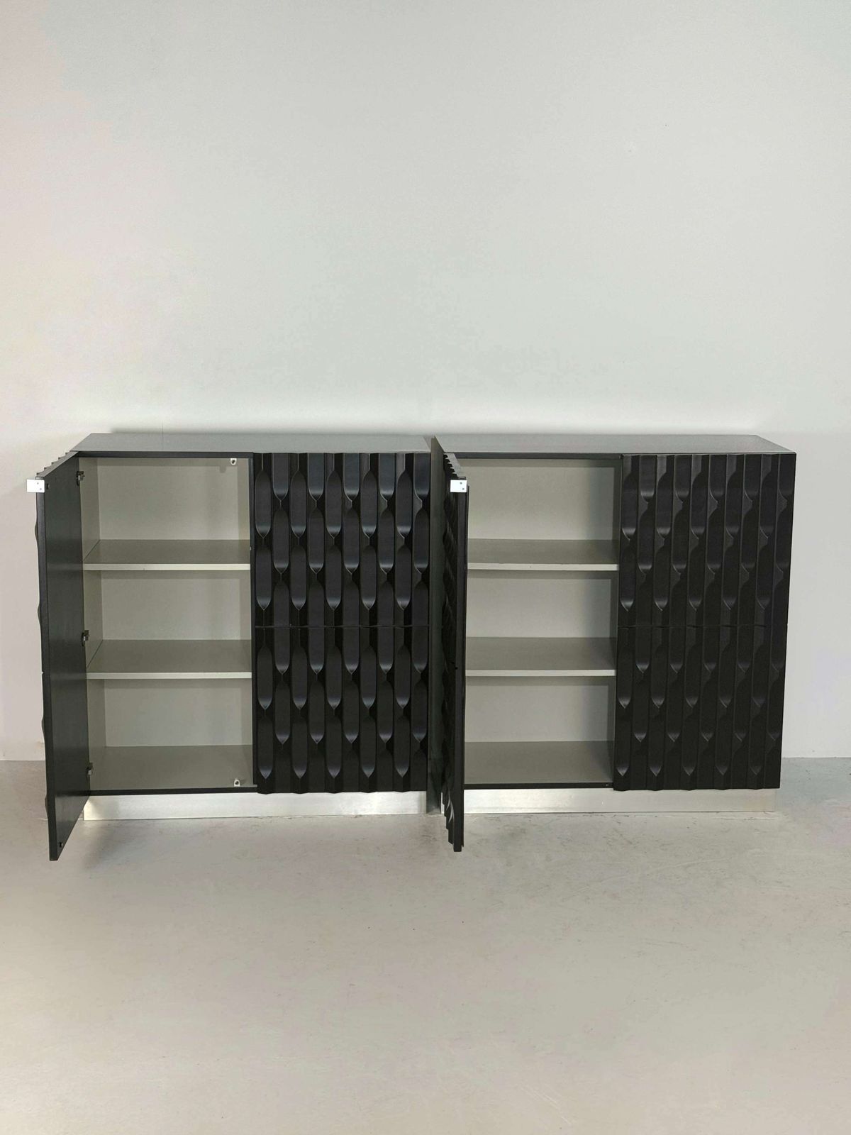 Pair Of Black Brutalist Cabinets With Graphic Door Panels, 1970s photo Furniture