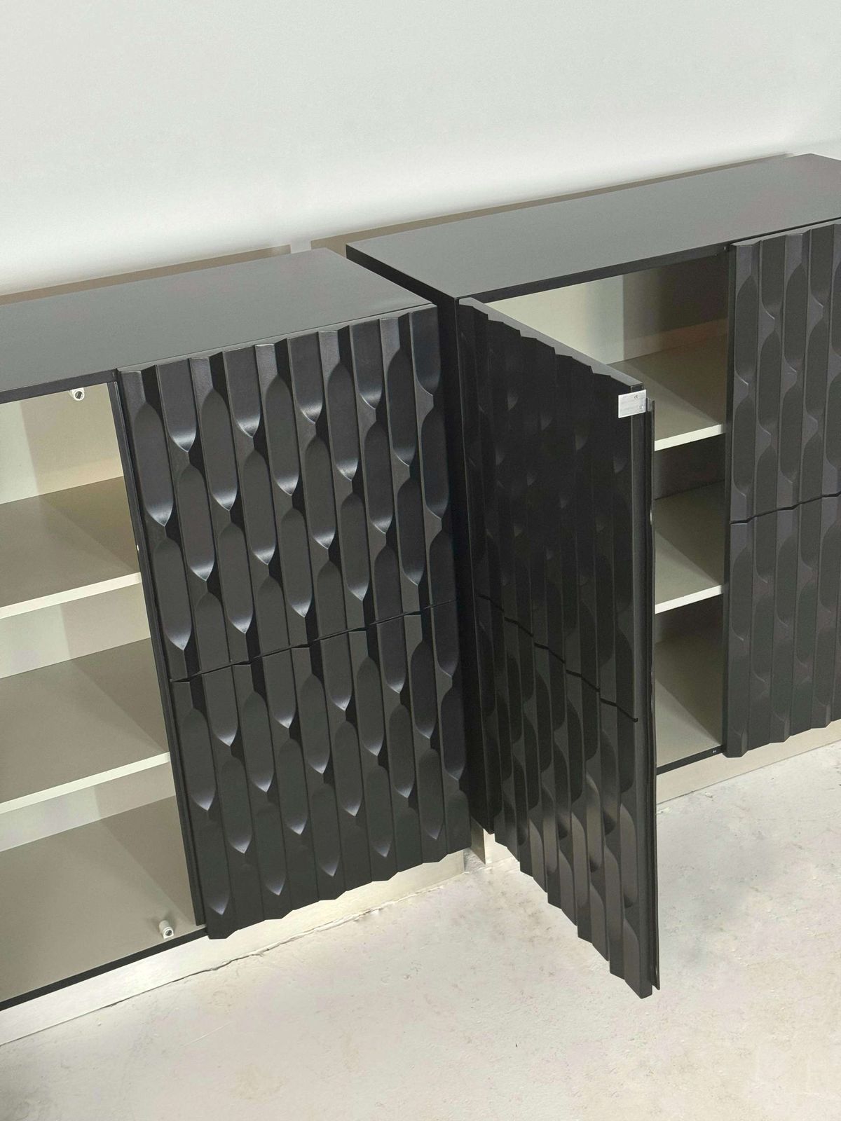 Paar Zwarte Brutalist Kasten Met Grafische Deurpanelen, Jaren 1970 photo buy