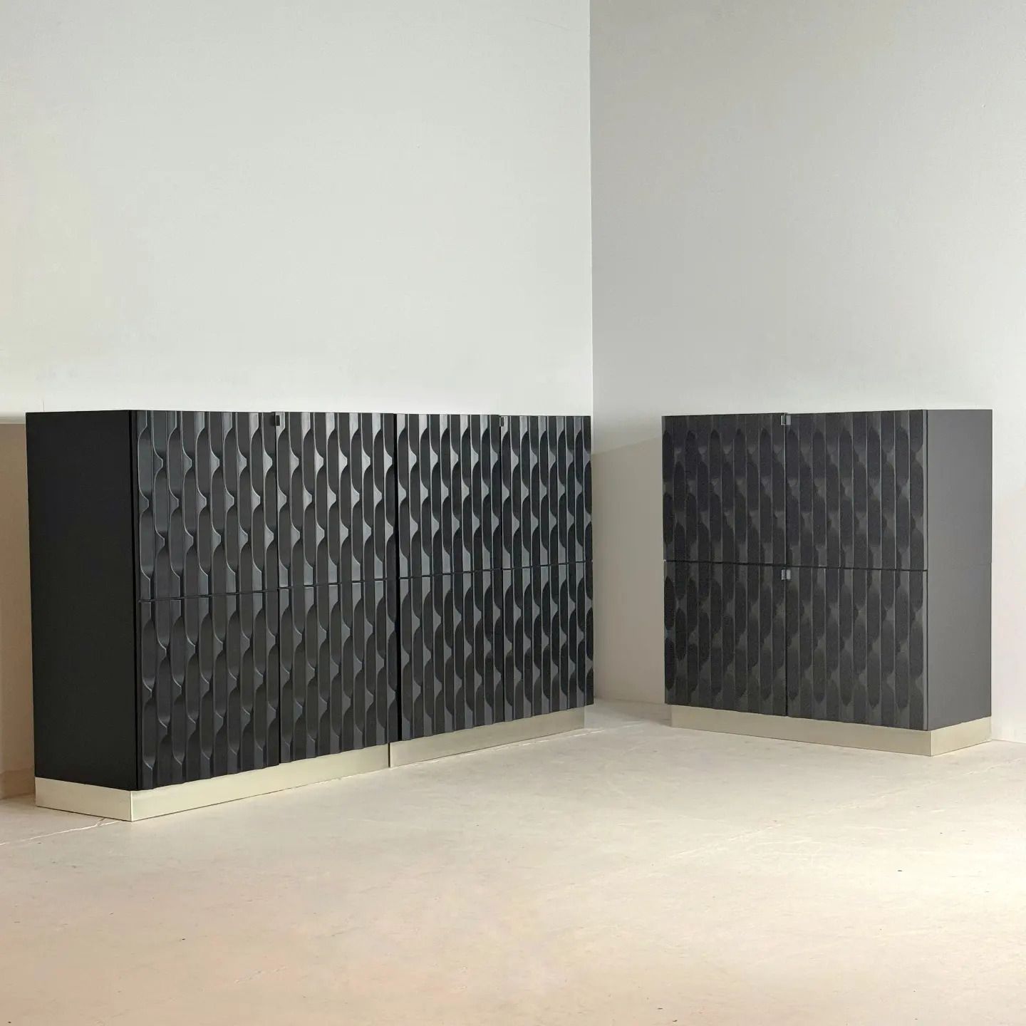 6300.0 Pair Of Black Brutalist Cabinets With Graphic Door Panels, 1970s photo