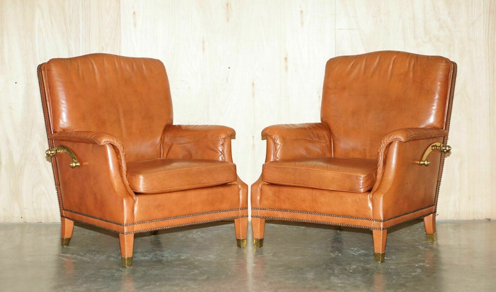 Comfortable Pair Of French Neoclassical Style Leather & Brass Recliner Armchairs