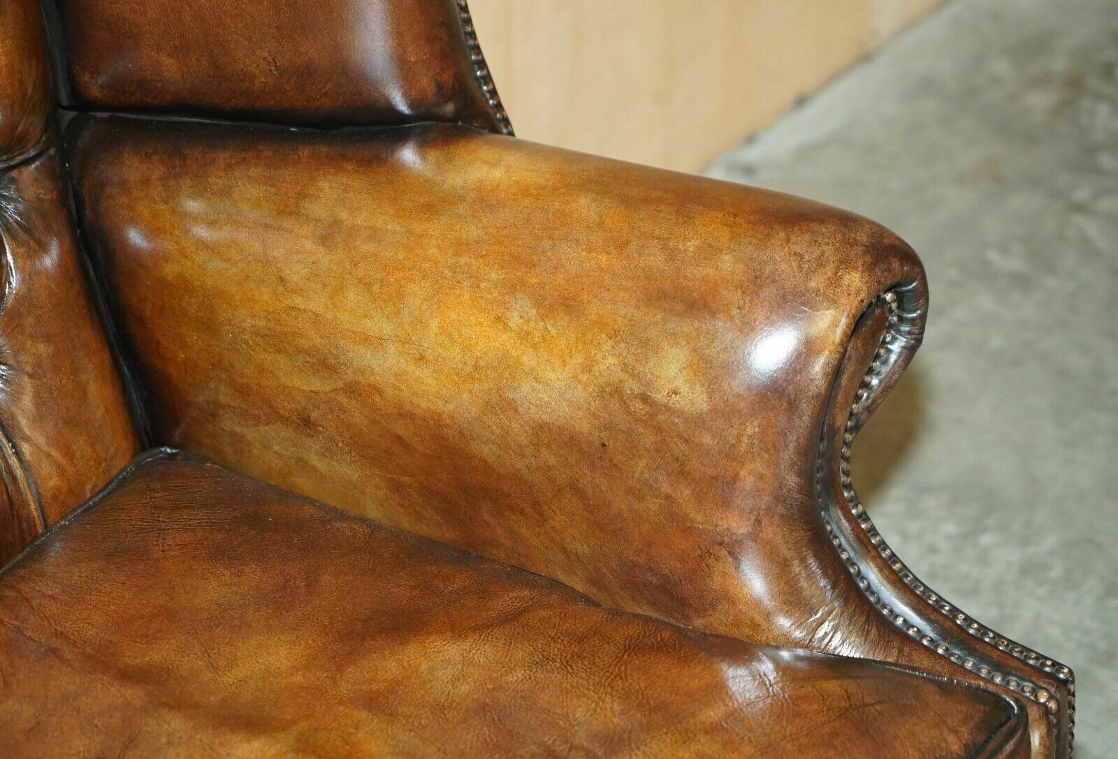 Comfortable Vintage Restored Brown Leather Tufted Chesterfield Wingback Armchair photo vintage
