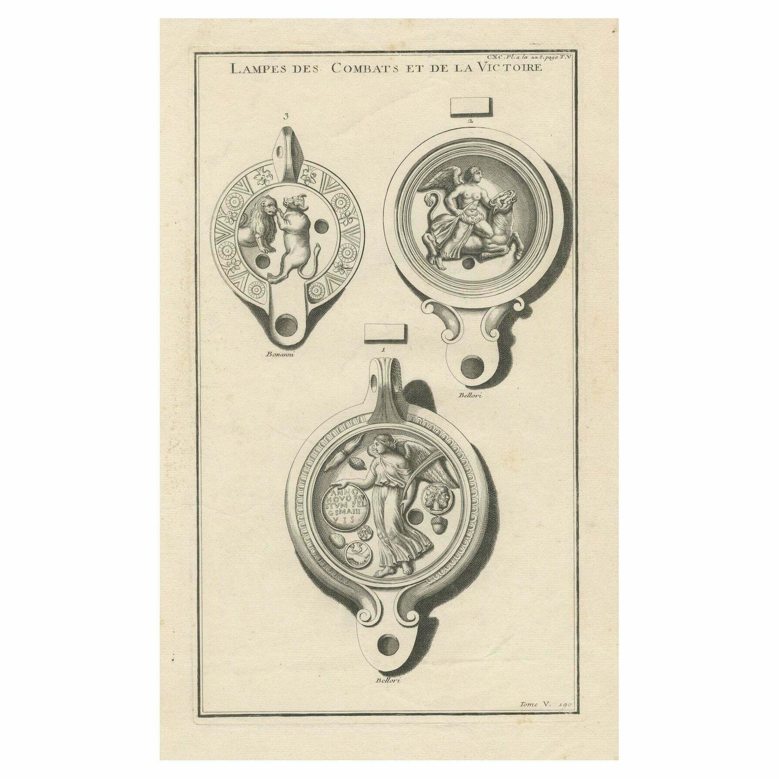 Ancient Lamp Drawing Of A Bull And Lion; Tauroctony Engravings Published In 1722