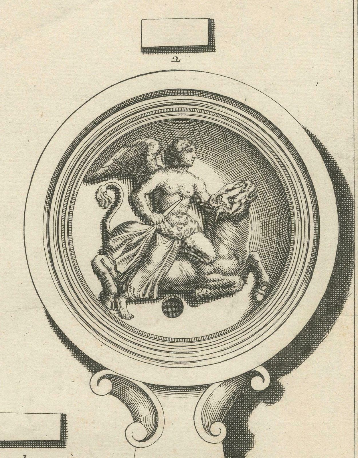 Ancient Lamp Drawing Of A Bull And Lion; Tauroctony Engravings Published In 1722 photo vinterior