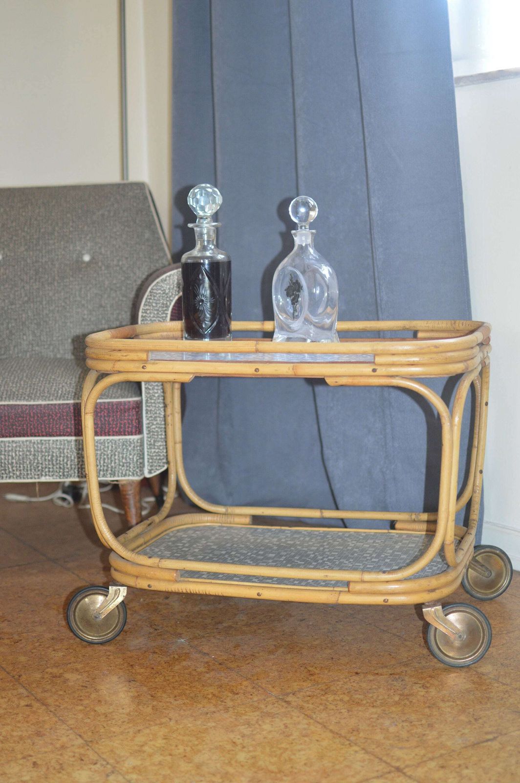 Vintage Mid Century Trolley Serving Cart Bamboo photo vinterior