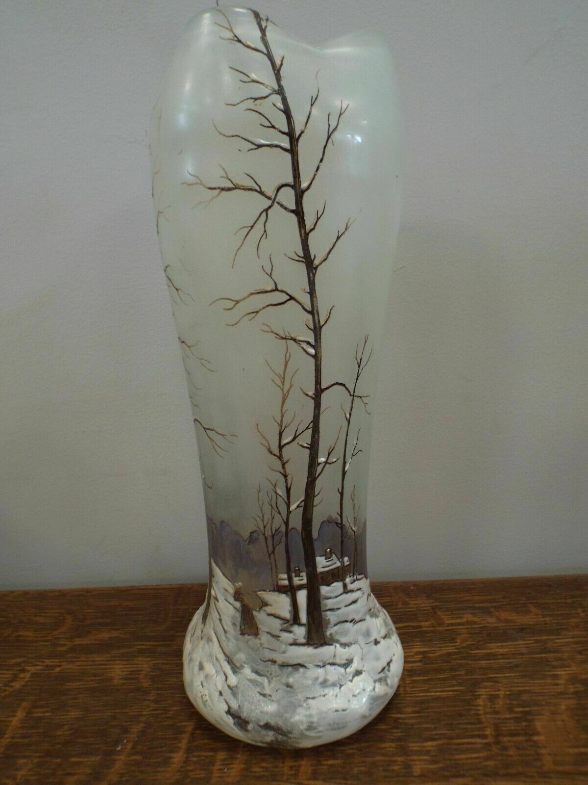 Large Antique Legras Winter Landscape Enamelled Vase photo for sale