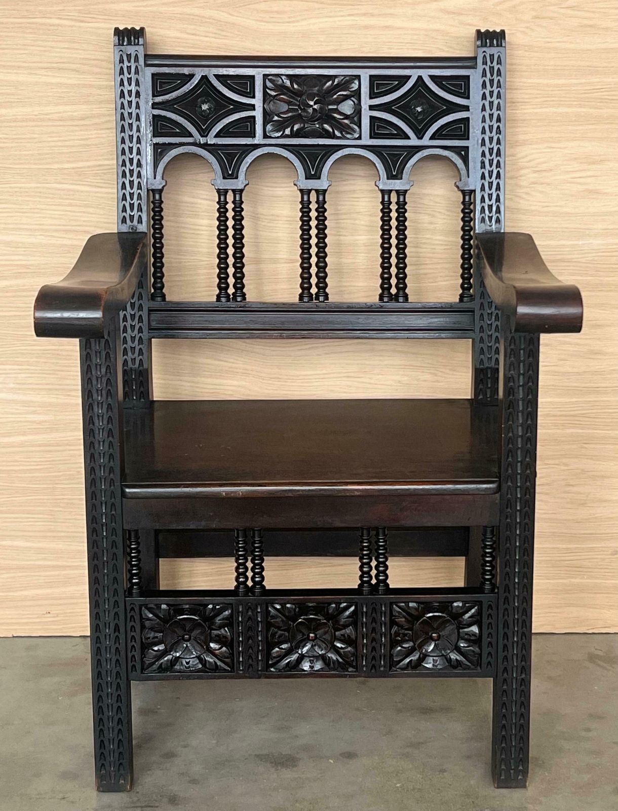 19th Century Spanish Colonial Altar Carved Armchairs With Wood Seat photo furniture