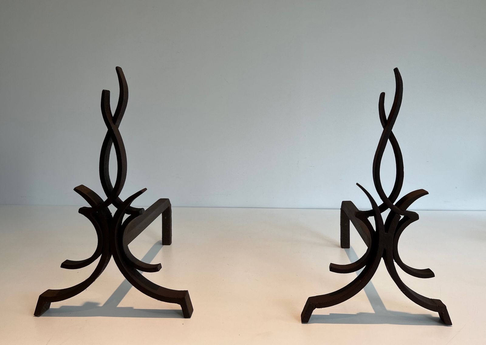 Pair Of Wrought Iron Andirons By Raymond Subes
