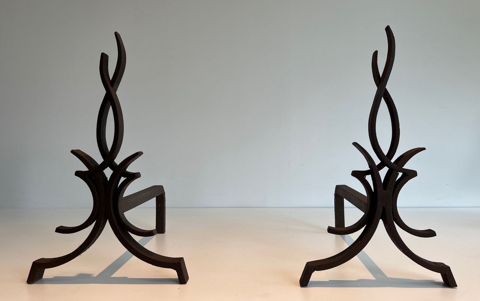 Home Fixtures Pair Of Wrought Iron Andirons By Raymond Subes photo