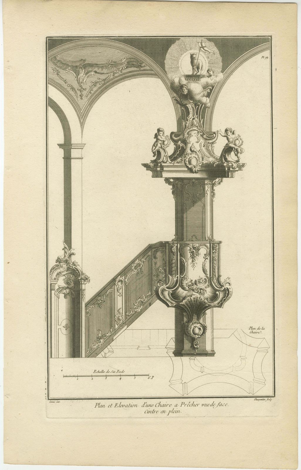 Baroque Pulpit Elevation With Ornate Archway And Balustrade Engraved, Ca.1740