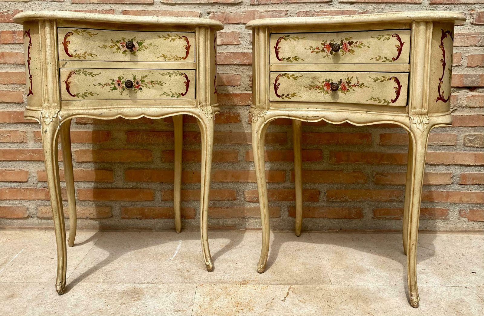 Two Drawers Painted In Light Beige Wood Kidney Nightstands, 1940s, Set Of 2 photo for sale