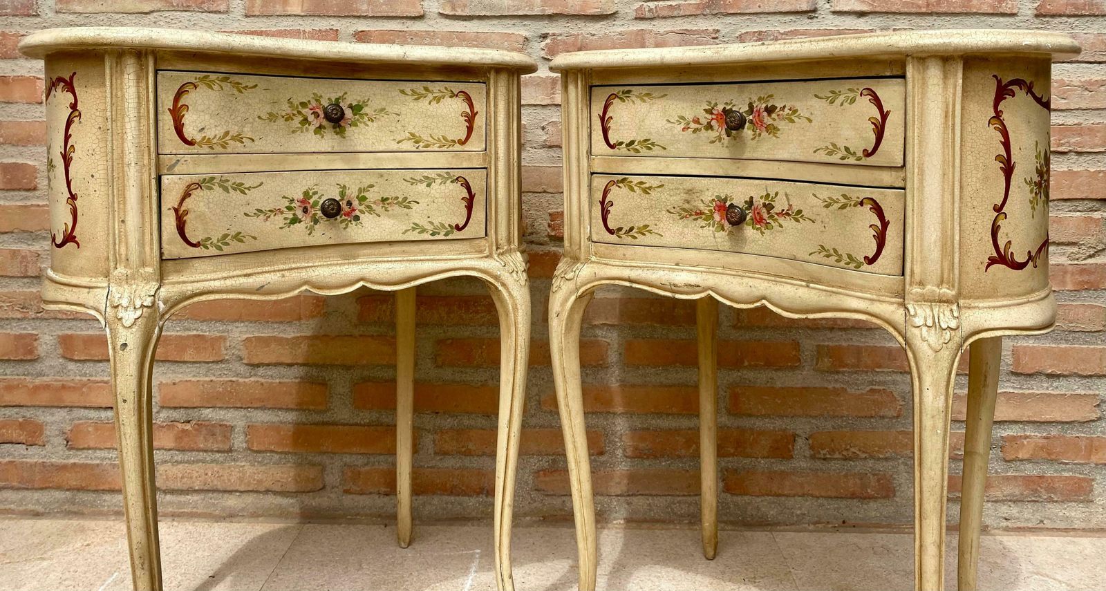 Furniture Two Drawers Painted In Light Beige Wood Kidney Nightstands, 1940s, Set Of 2 photo