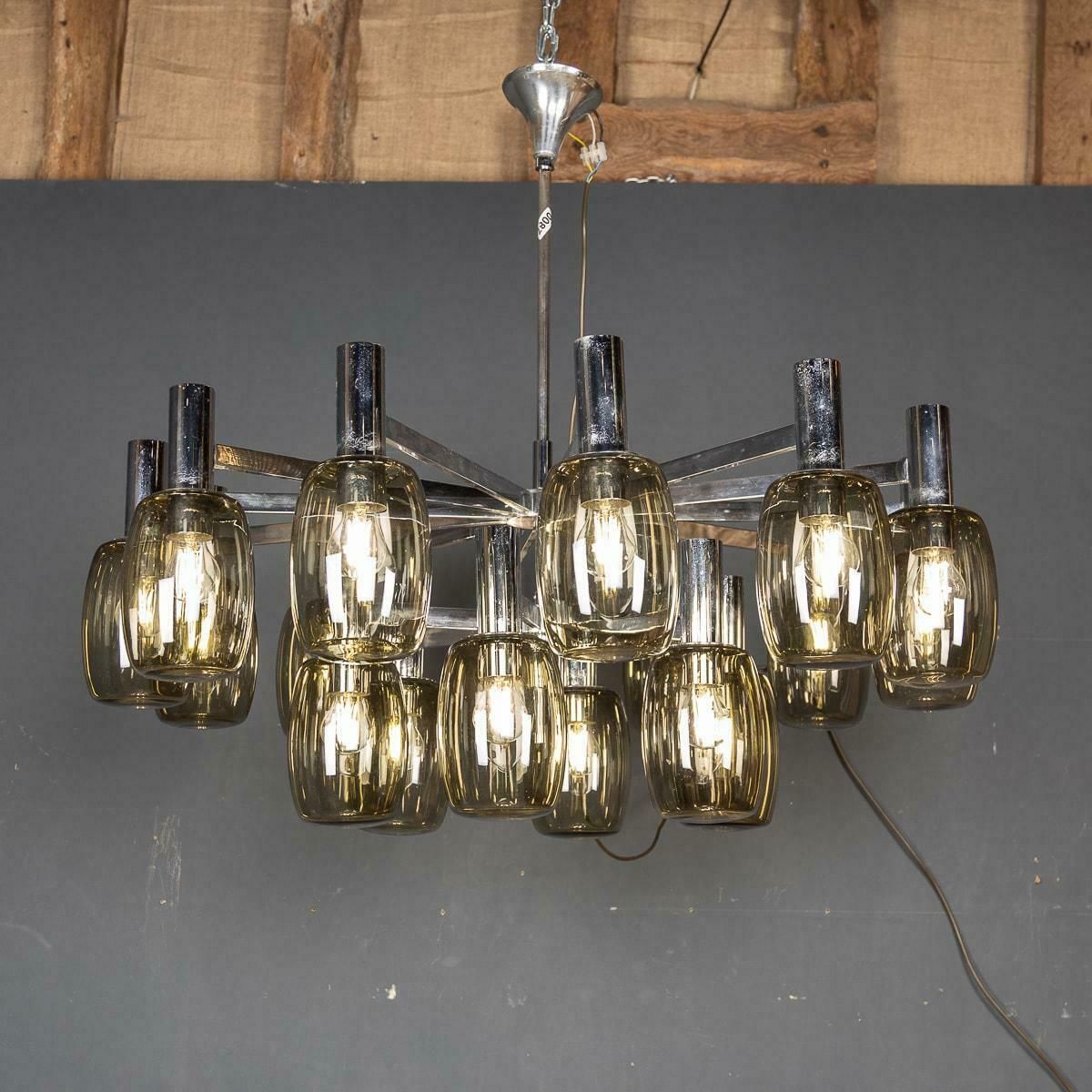 20th Century Italian Chrome & Smoked Glass Eighteen Light Chandelier C.1970 photo furniture