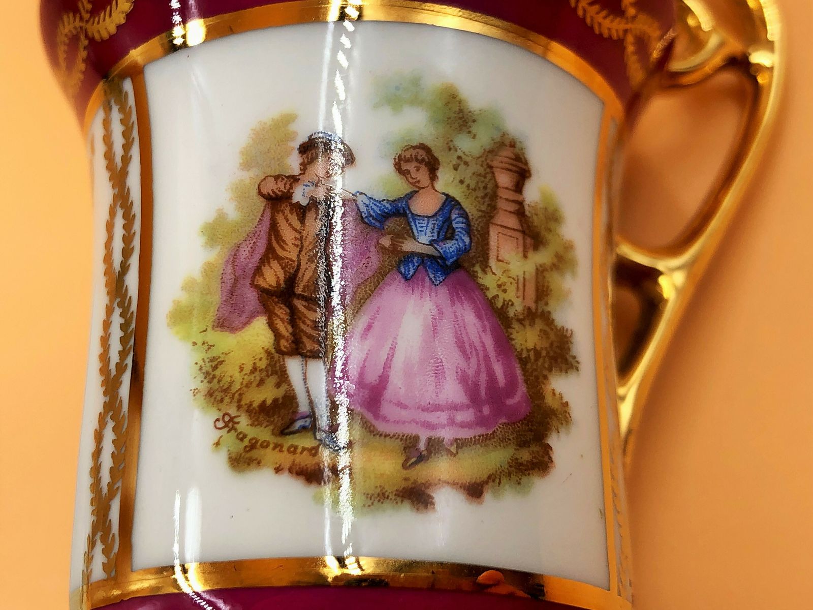 photo for sale Limoges Meissner Porcelain Pink Fragonard Courting Couple Demitasse / Chocolate Cup And Saucer Duo.