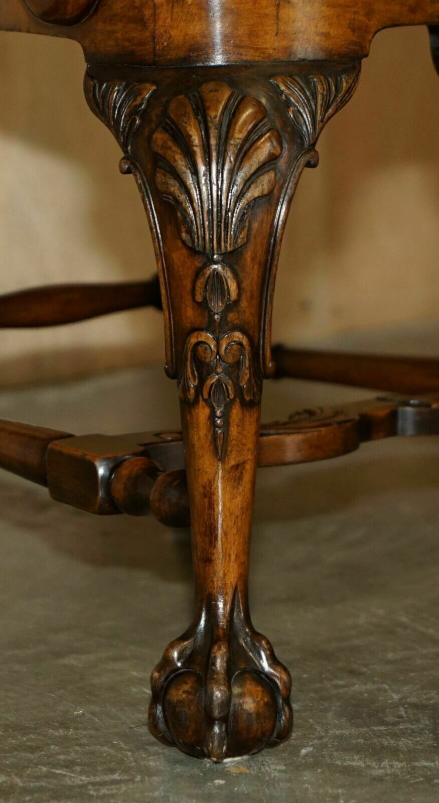 Furniture Antique Thomas Chippendale Claw & Ball Carved Bergere Brown Leather Armchair photo