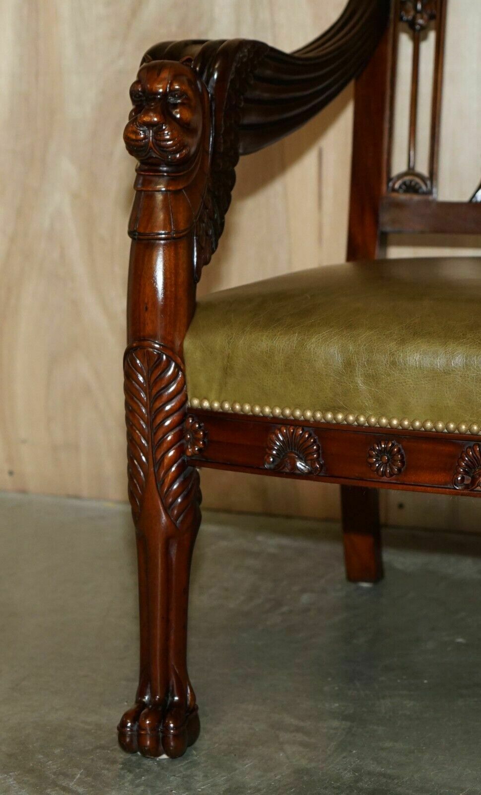 photo for sale Exquisite Pair Of Hand Carved Mahogany Library Armchairs Lion Griffon Wing Arms