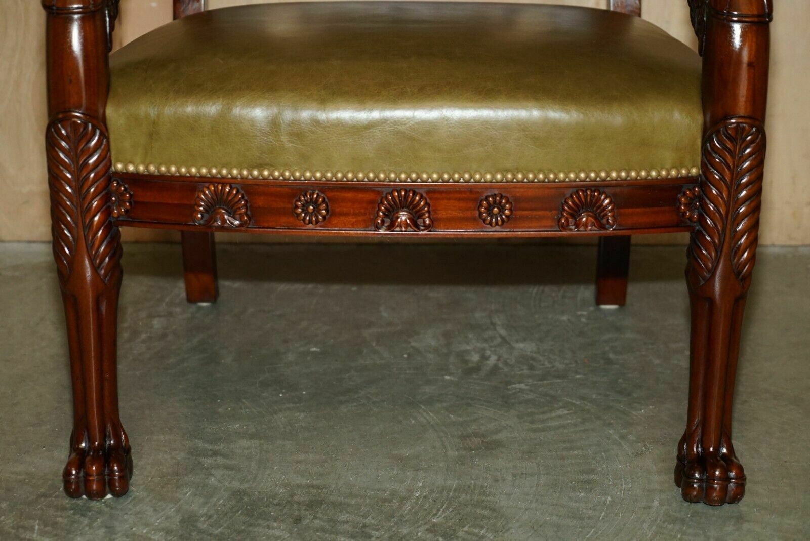 photo vinterior Exquisite Pair Of Hand Carved Mahogany Library Armchairs Lion Griffon Wing Arms