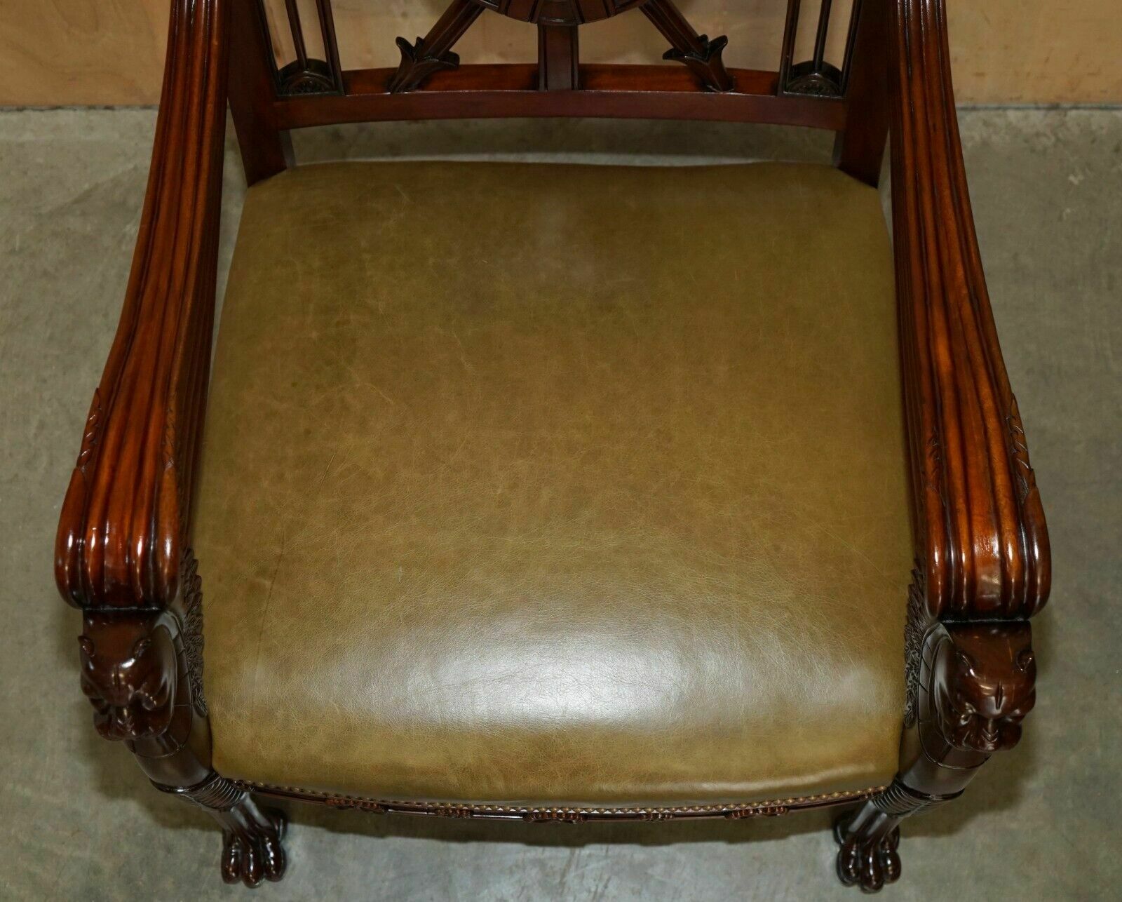 photo vintage Exquisite Pair Of Hand Carved Mahogany Library Armchairs Lion Griffon Wing Arms