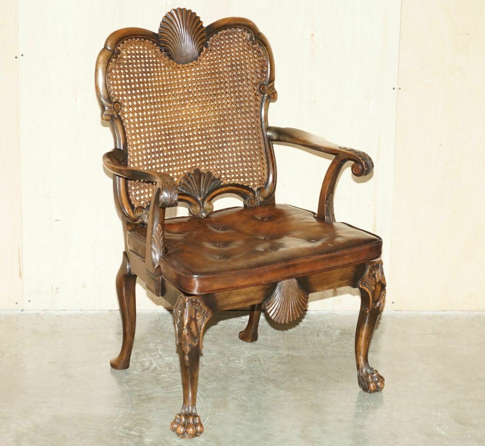 Victorian Thomas Chippendale Lion's Hairy Paw Bergere Brown Leather Armchair