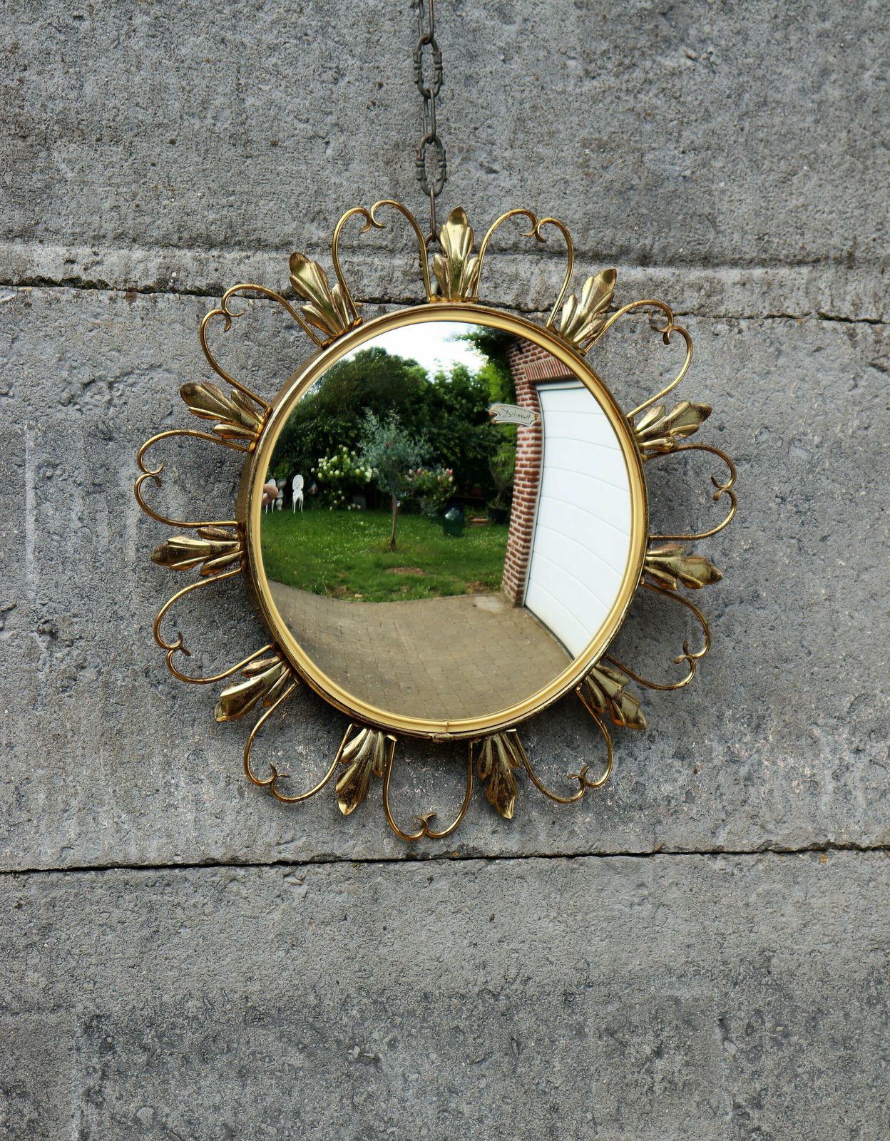 Hollywood Regency Convex Brass Butler Or Witch Eye Mirror 1970's By Deknudt (St.105) photo vinterior