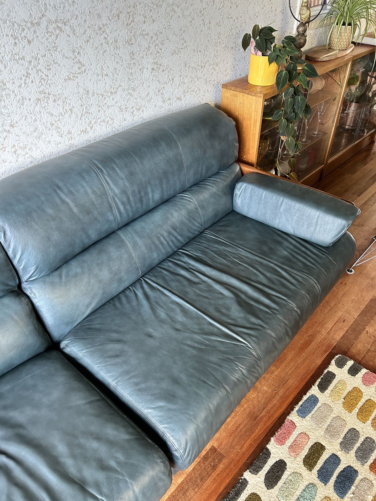 Mid Century Danish Design Blue Leather Sofa. Fantastic Condition photo furniture