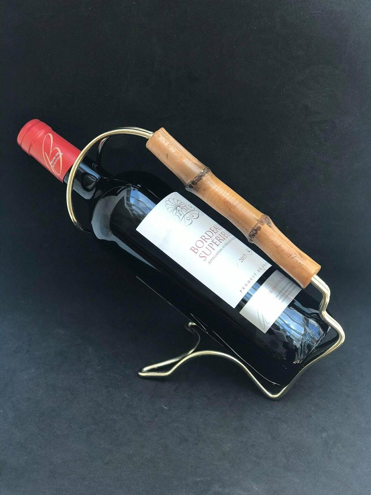 Wine Stand Bottle Holder Wine Pourer Stand Caddy Gold Light Wire And Bamboo On The Handle, 70s Bar Cart Hollywood Regency Gift For Him photo buy
