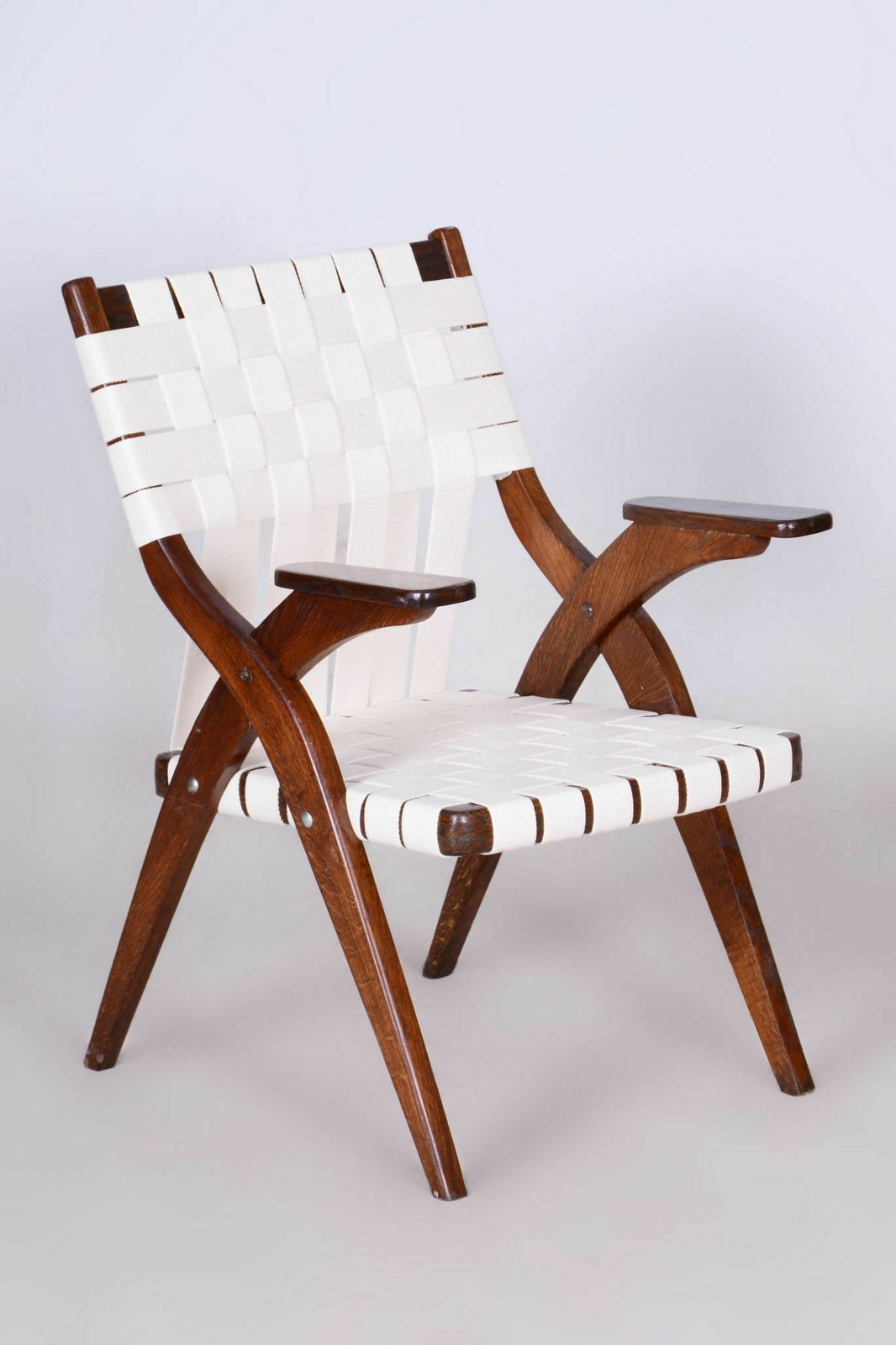 Restored Art Deco Armchair, By Jan Vaněk, Oak, Cotton, Czech, 1940s