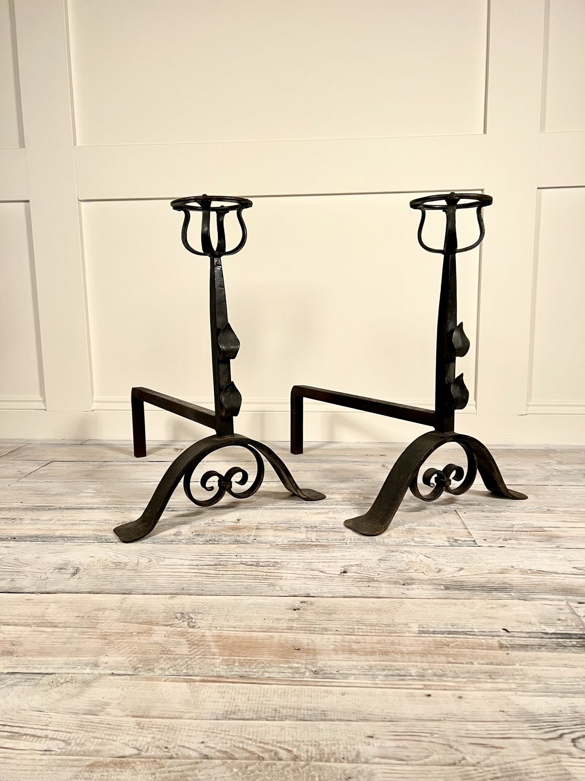 Pair Of Arts & Crafts Wrought Iron Floor Standing Low Candle Holders C.1880 photo 200.0
