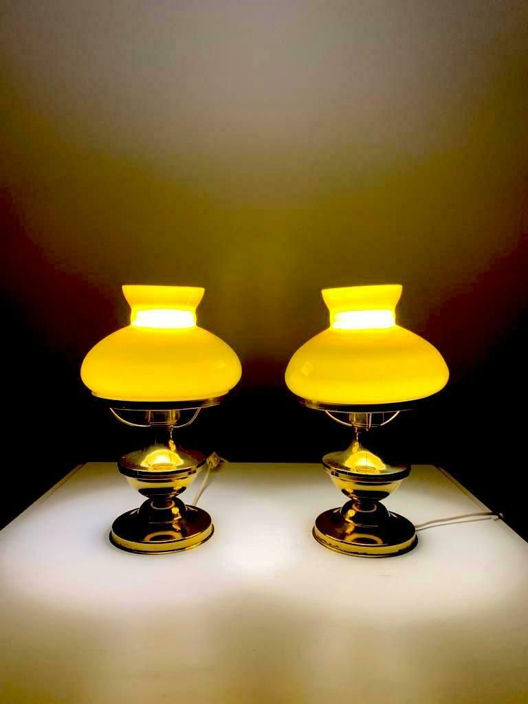 Art Deco Brass And Opaline Table Lamps, Set Of Two, Italhy 1930s photo 890.0