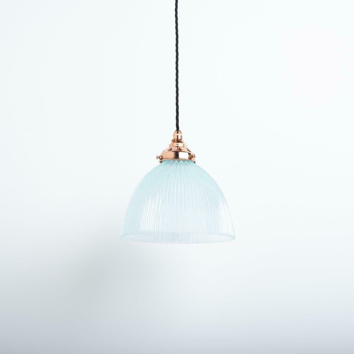 Antique Holophane E100 Blue Frosted Prismatic Glass & Copper Pendant Lights photo for sale