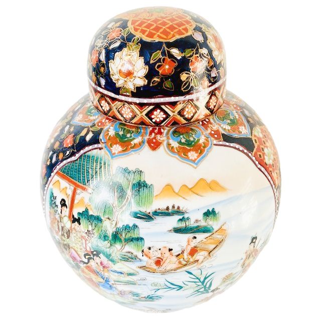 Vintage Xl Chinese Ginger Jar Geisha's Flowers Blue Gold