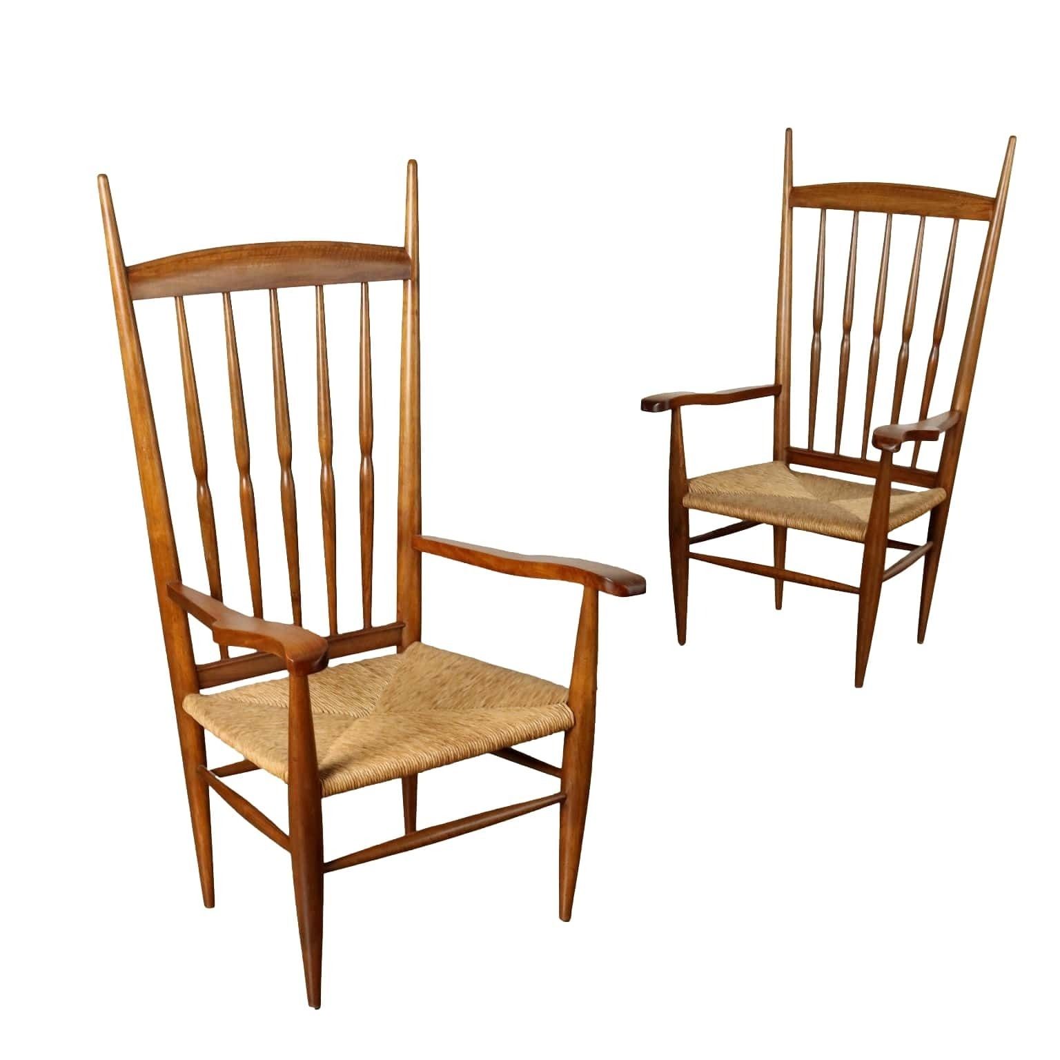Pair Of Vintage 1950s Thrones Beech And Straw Italy