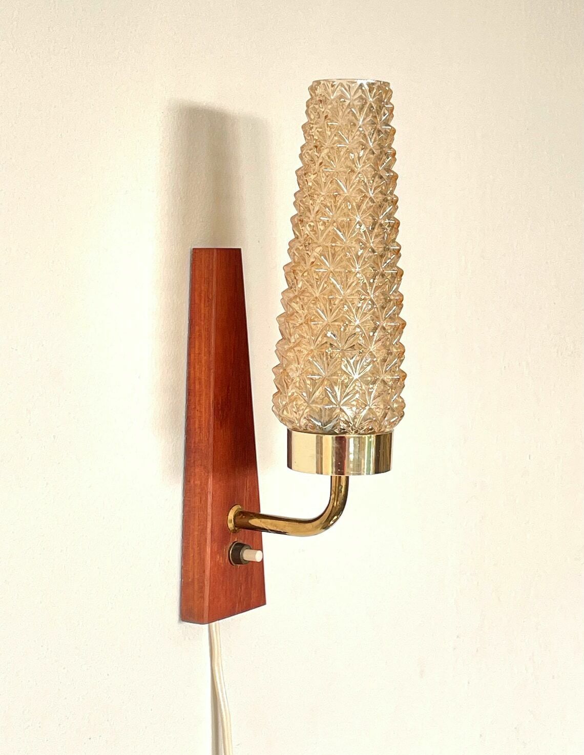 Single Danish Mid Century Teak Wooden Wall Lamp With Heavy Amber Glass Shade In Spike Pattern photo 144.0