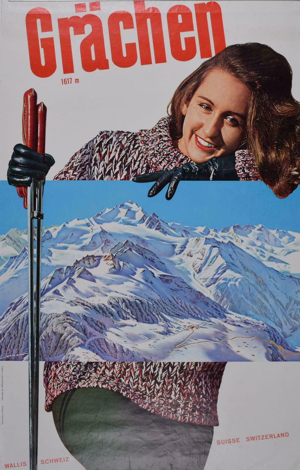 Grächen, Valais Wallis, Switzerland Original Vintage Skiing Poster