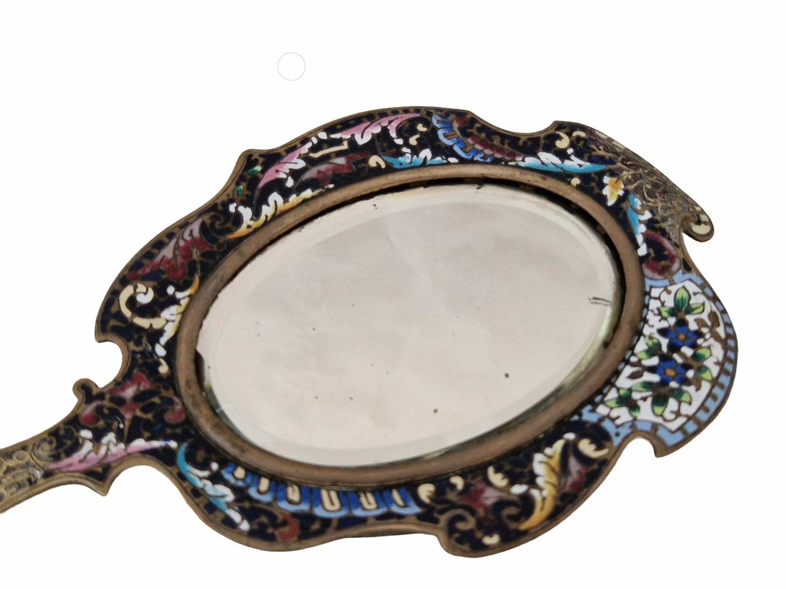 Champleve Hand Mirror With Beveled Glass, Antique French Brass And Enamel Cloisonné Looking Glass photo vinterior