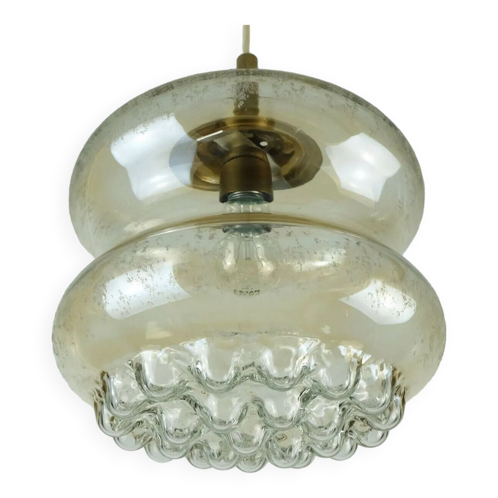 Mid Century Pendant Light In Bubble Amber Glass And Brass 1960s photo furniture