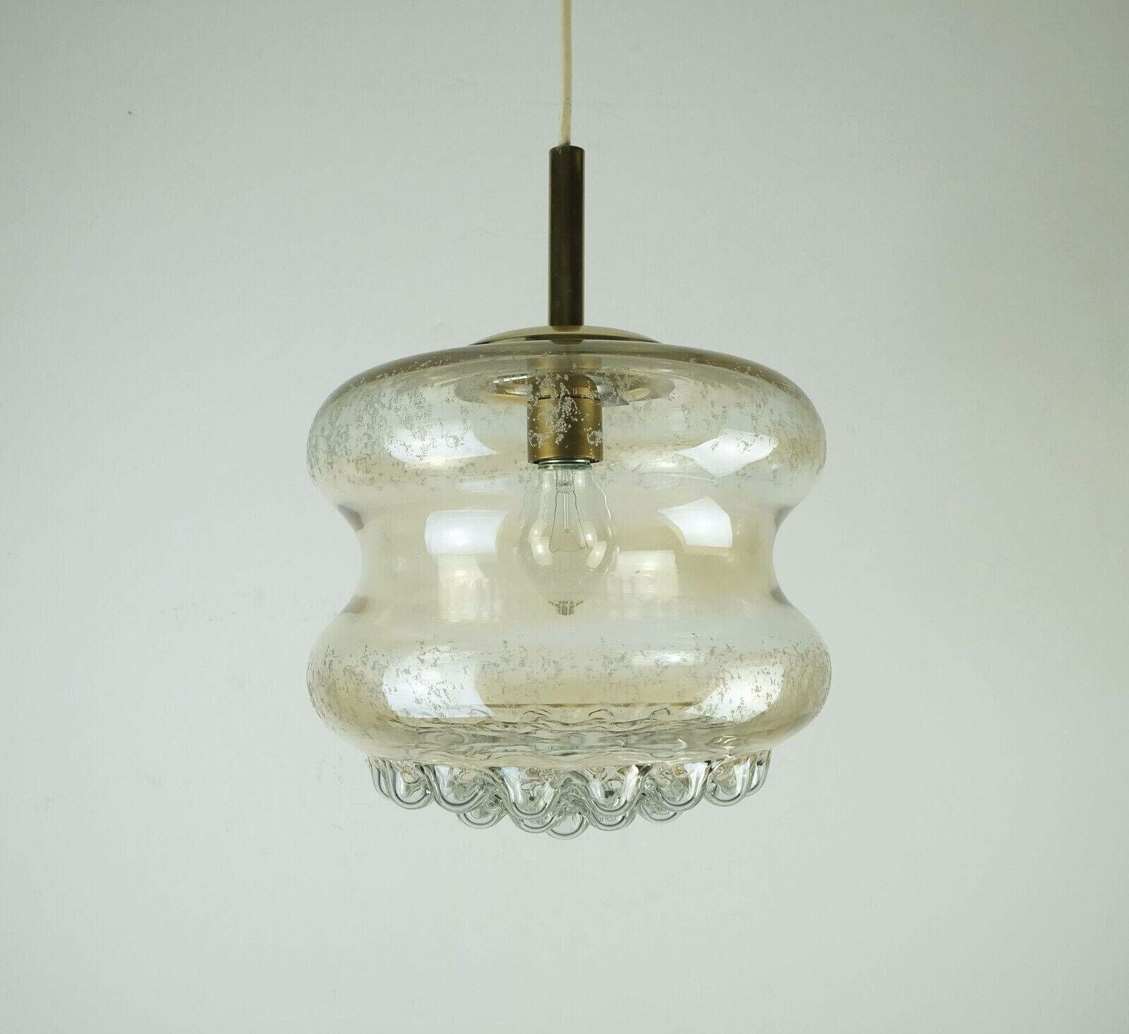 Mid Century Pendant Light In Bubble Amber Glass And Brass 1960s photo for sale