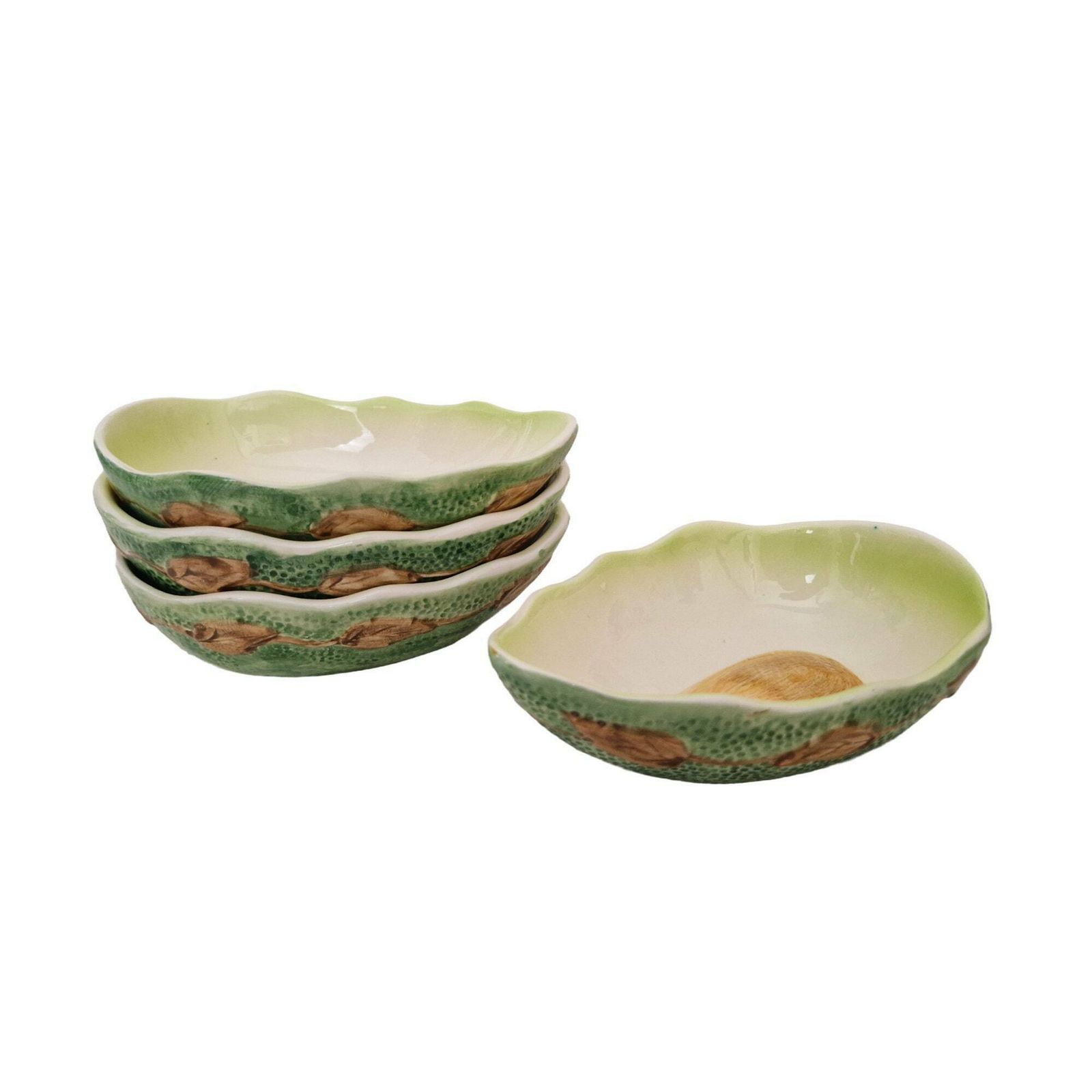 Vintage Avocado Serving Bowls By Francesco Guarino, Set Of 4, Italian Majolica Ceramic Guacamole And Snack Dishes