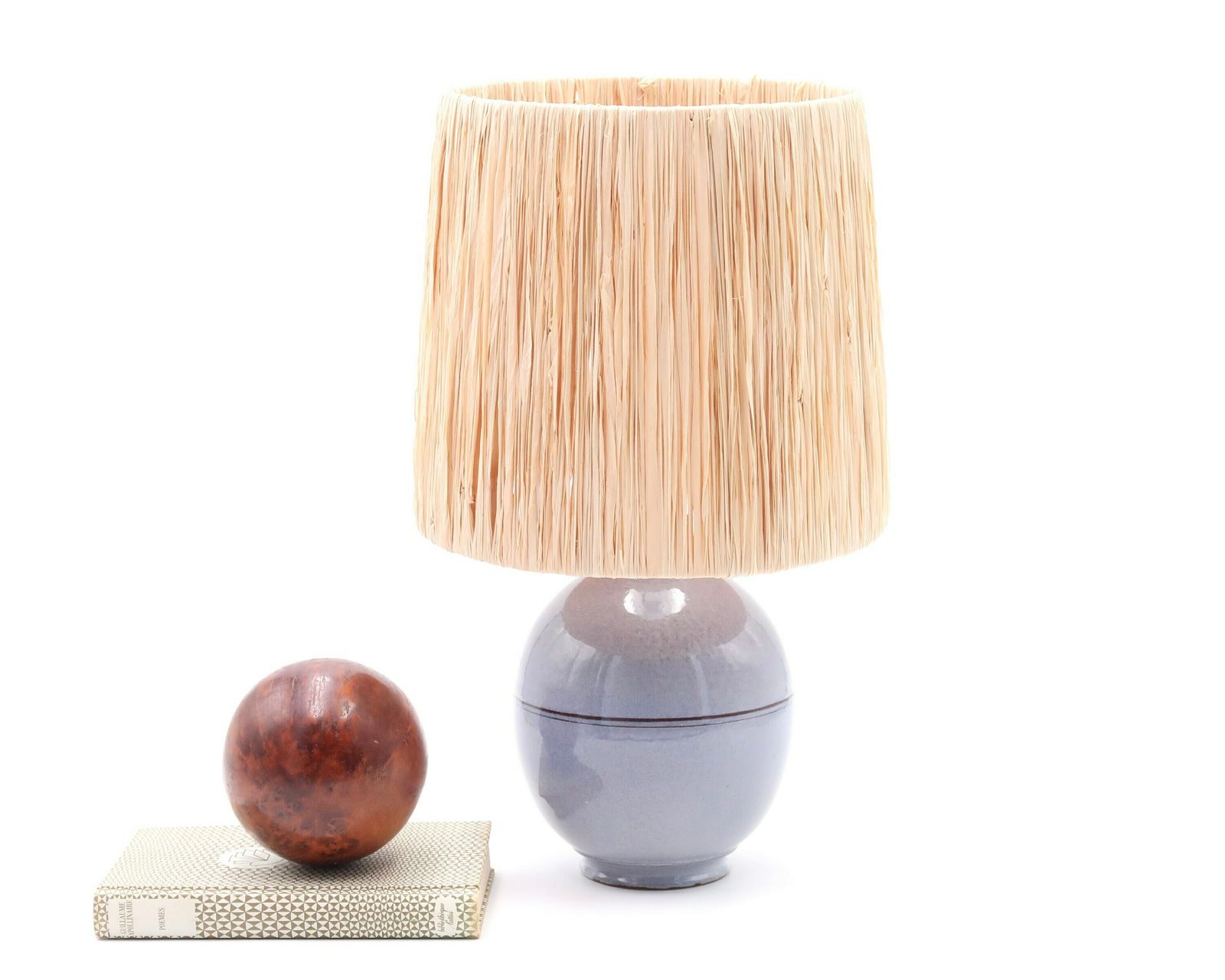 French Ceramic Table Lamp, Raffia Shade, 1960s / Stoneware, Blue, Boho Chic, Folk, Country, White Beige Grey