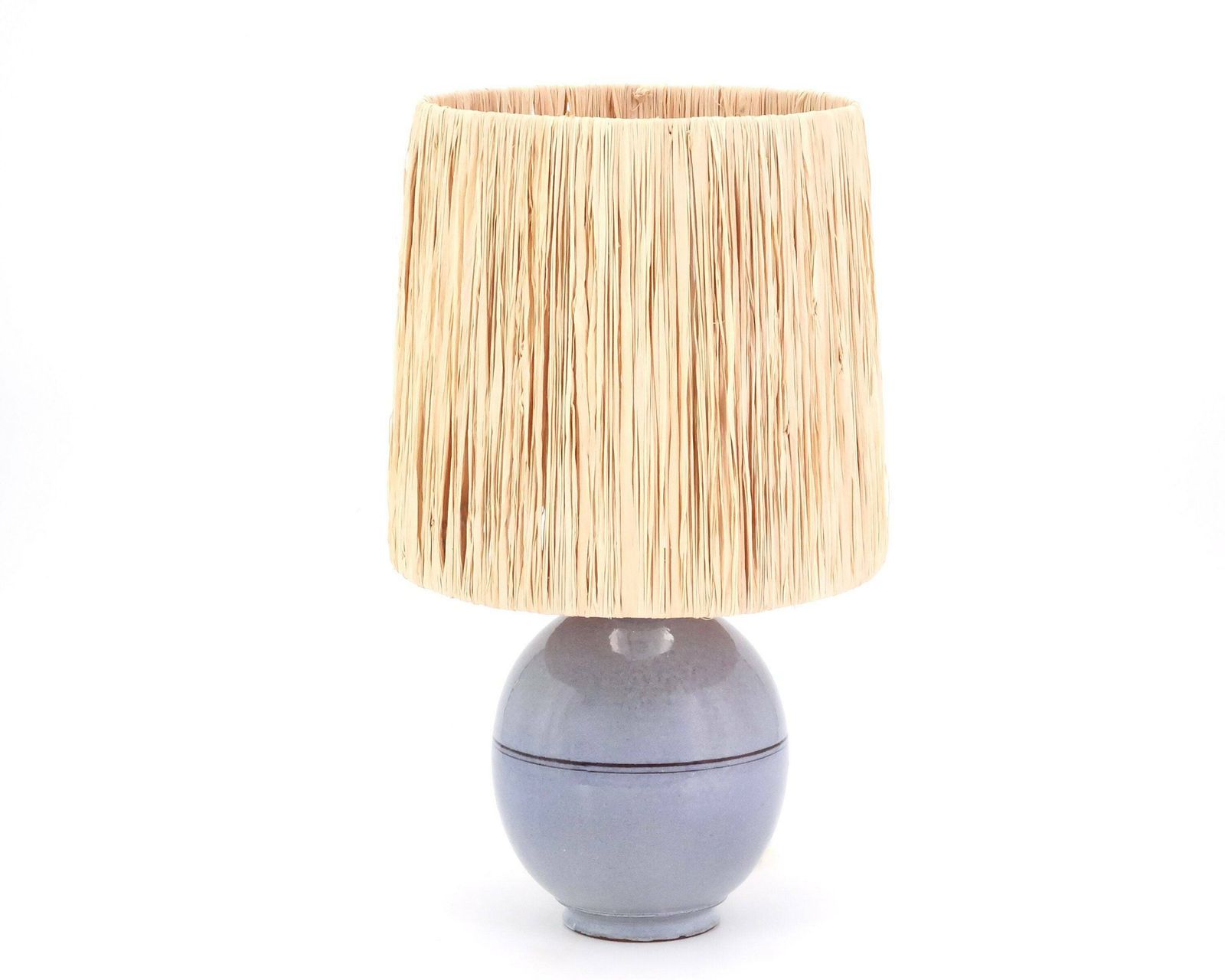 French Ceramic Table Lamp, Raffia Shade, 1960s / Stoneware, Blue, Boho Chic, Folk, Country, White Beige Grey photo Lighting