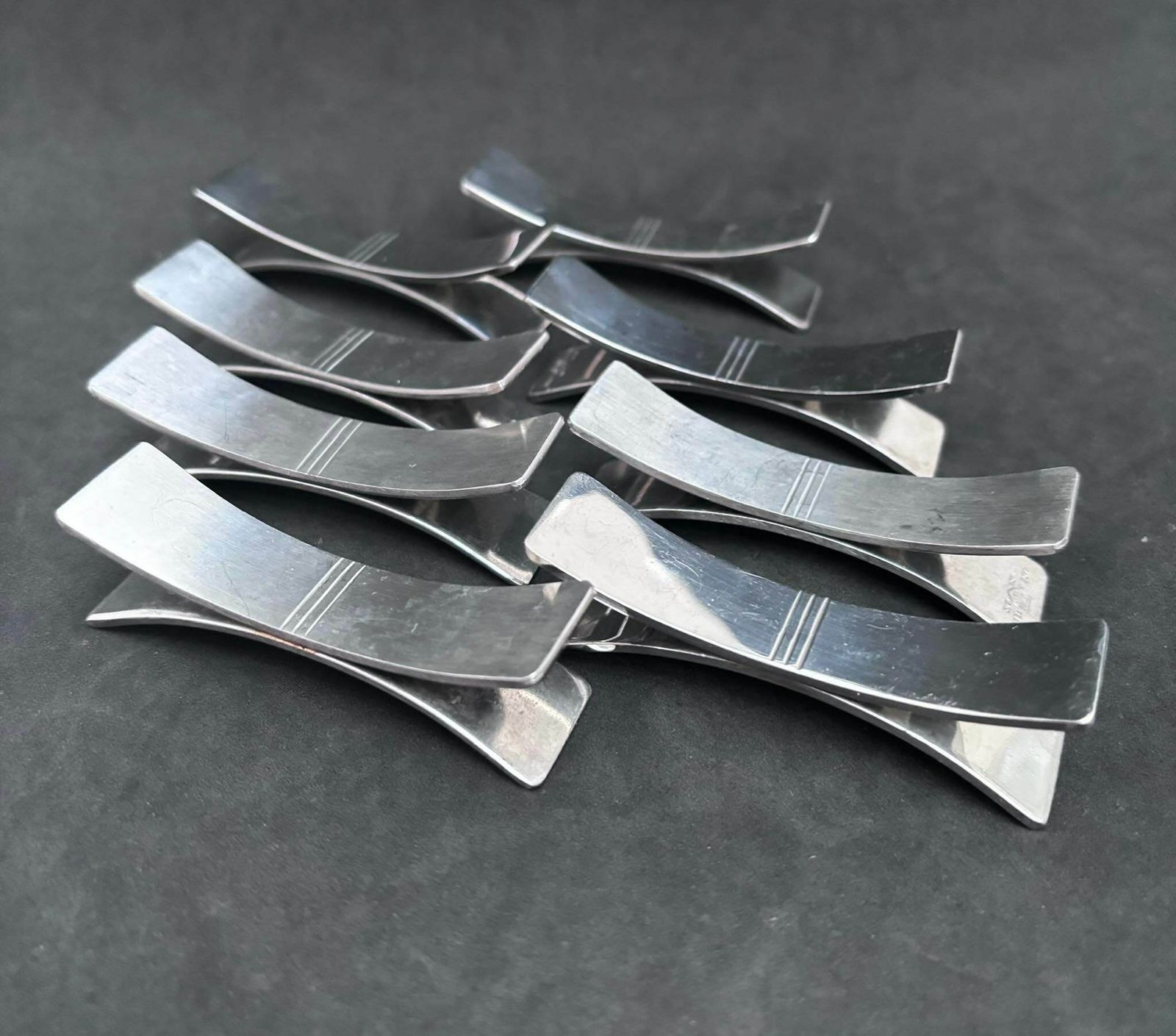 Knife Rest Set Of 8 French Vintage Letang Remy Stainless Steel Mid Century Modern Modernist Wedding Gift Cutlery Rest Hostess Gift 1950s photo for sale