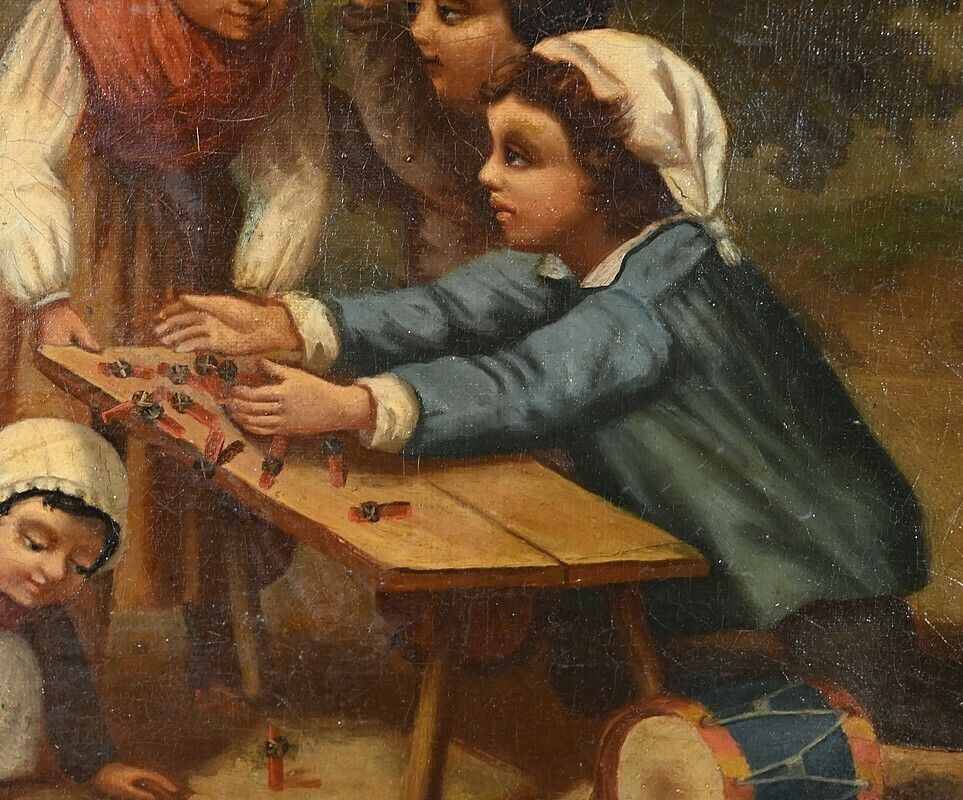 Oil On Canvas “Children’s Games”, 19th Century French School photo Art