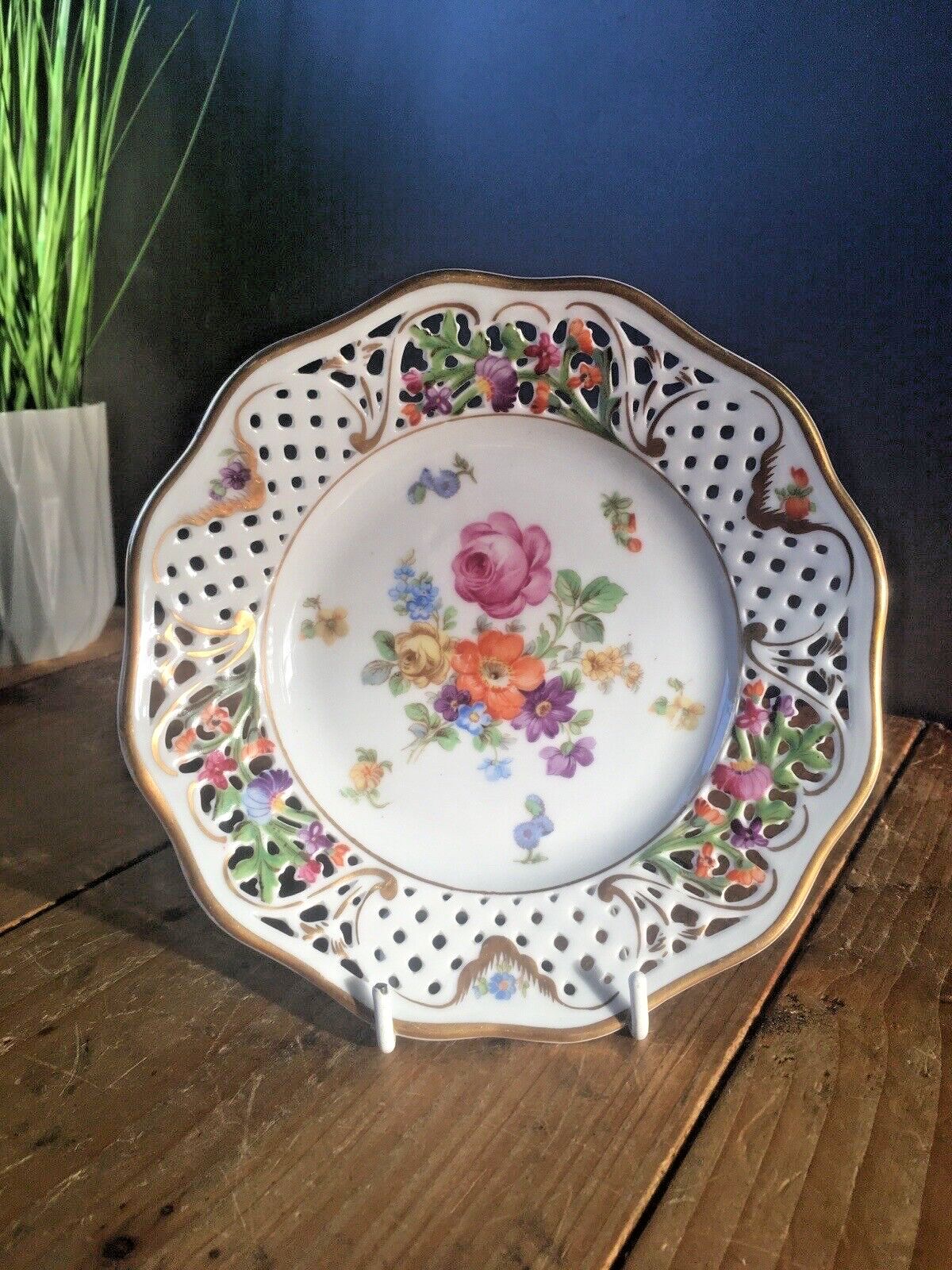 6 Antique German Schumann Porcelain Floral Sprays Basket Weave Cabinet Plates photo furniture