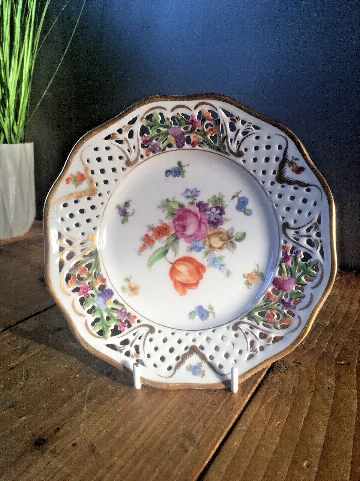 6 Antique German Schumann Porcelain Floral Sprays Basket Weave Cabinet Plates photo 120.0