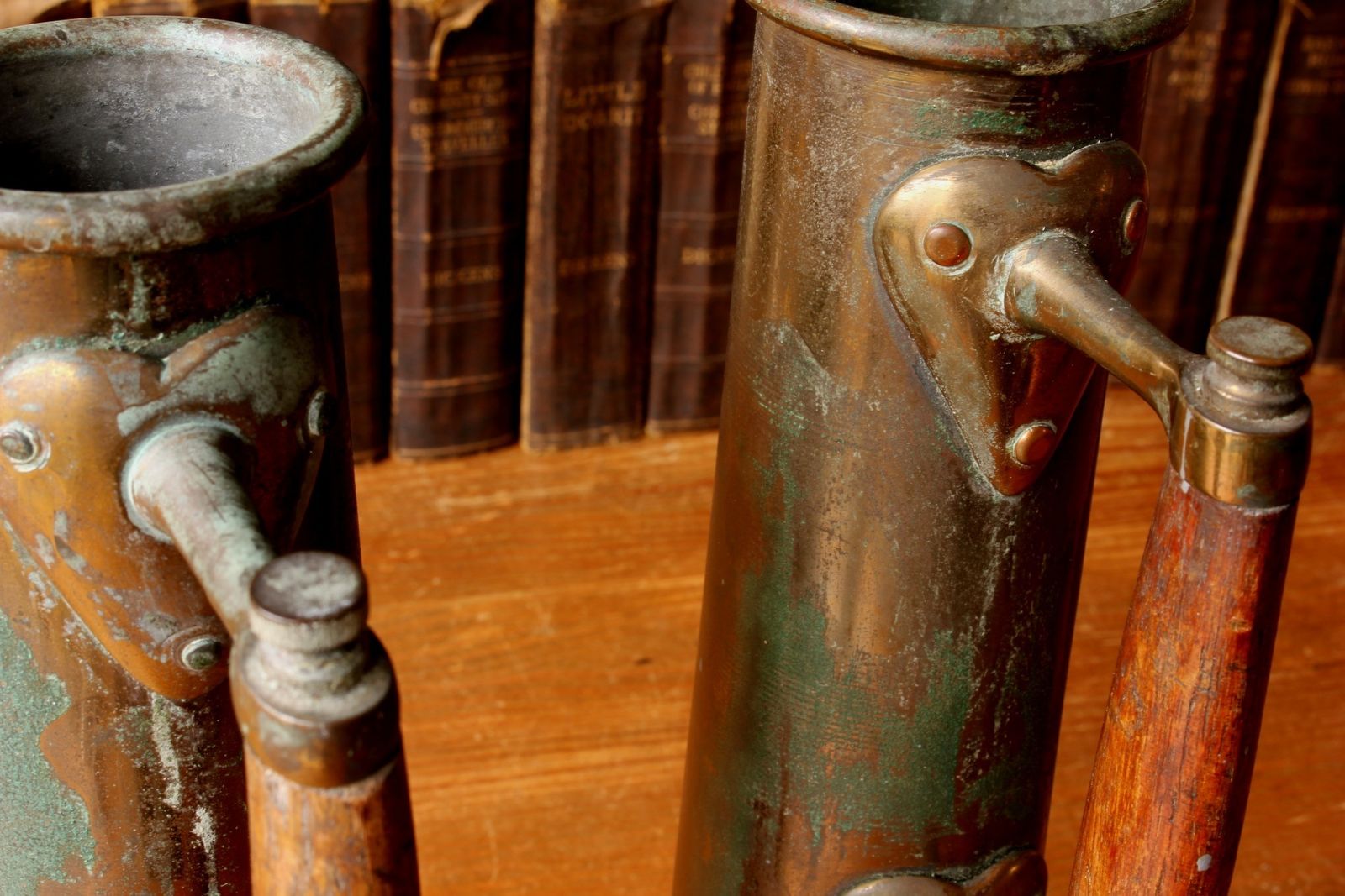 Steam Ship Boiler Room Test Jugs. Art Nouveau Rustic Verdigris Vases. photo vintage