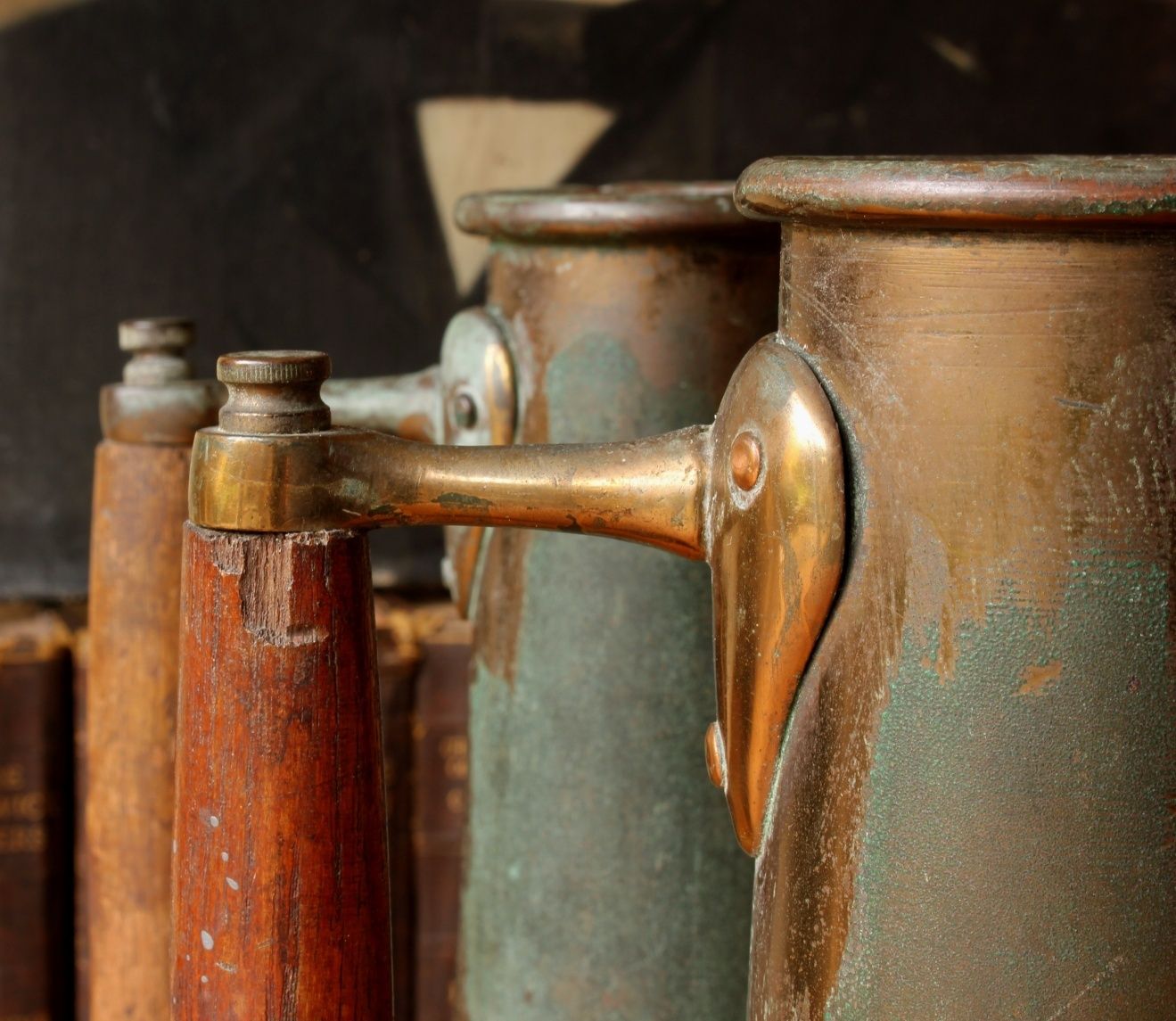 photo furniture Steam Ship Boiler Room Test Jugs. Art Nouveau Rustic Verdigris Vases.