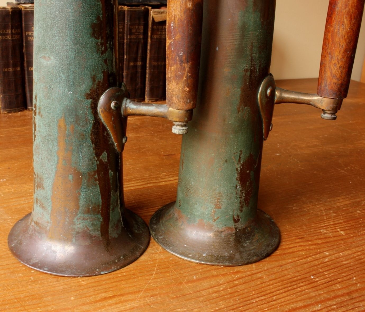 photo for sale Steam Ship Boiler Room Test Jugs. Art Nouveau Rustic Verdigris Vases.