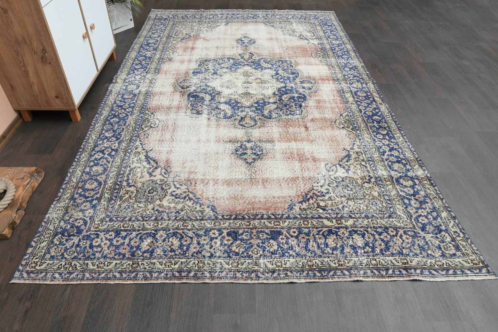 7x11 Orange Blue Turkish Rug, Handmade Vintage Oushak Rug, Antique Rug, Home Decor, Large Rug, Distressed Rug, 7x11 Area Rug, 6.7x10.7 Ft photo furniture