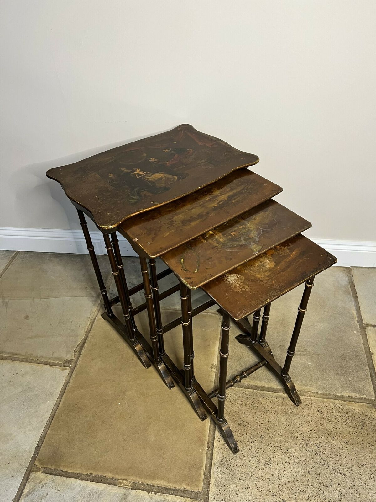 Lovely Nest Of Four Edwardian Quality Decorated Tables