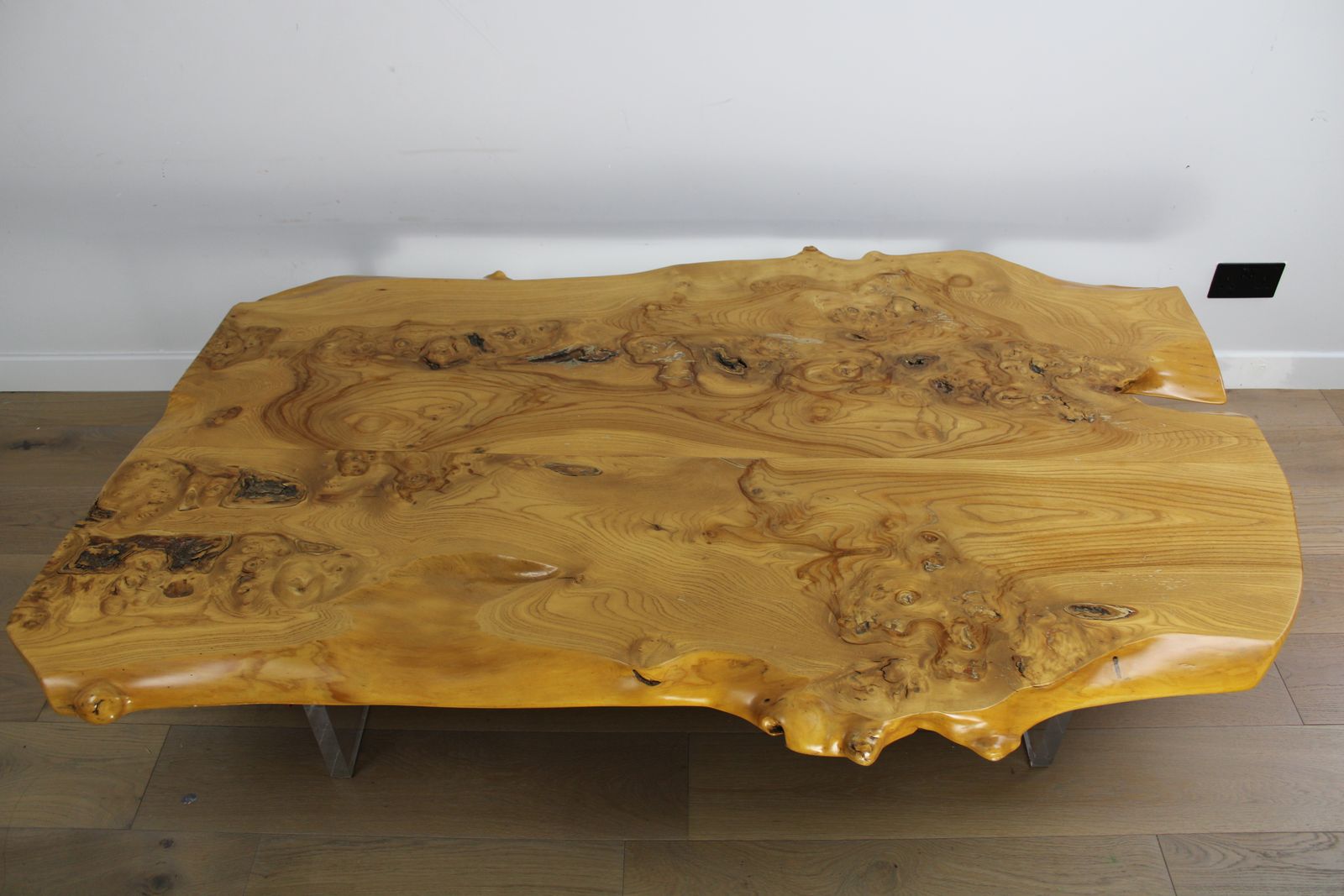 1250.0 'Floating' Mid Century Italian Burr Elm Coffee Table On Lucite Blocks photo