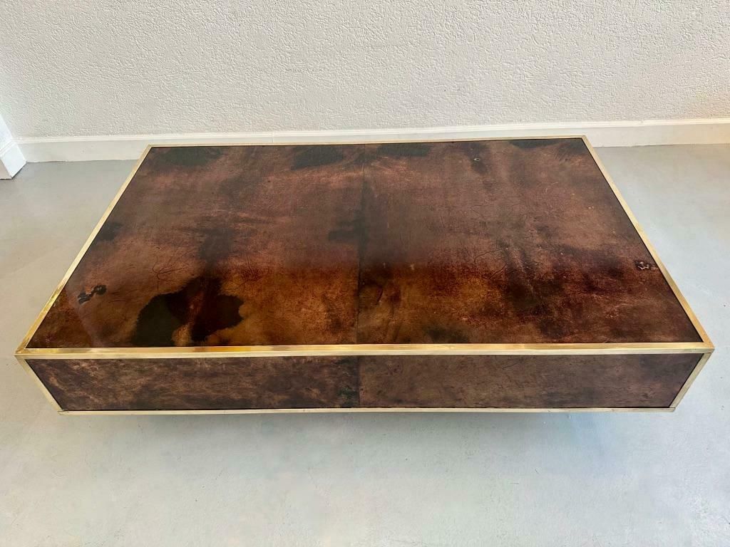 Vintage Goatskin & Brass Coffee Table By Aldo Tura, Italy Ca. 1970s photo for sale